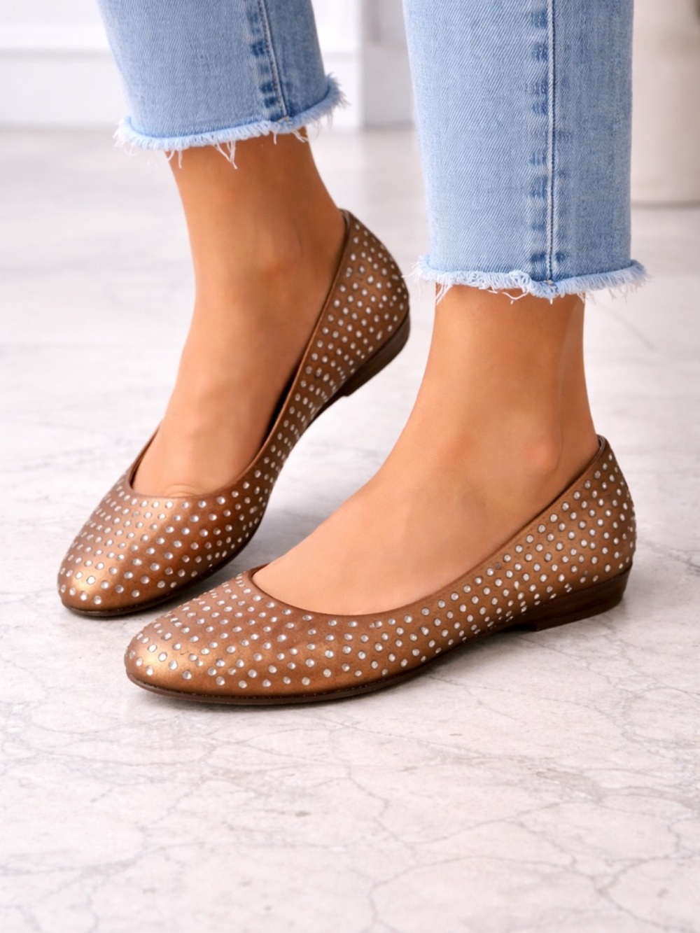 Pelle Moda Metallic Leather Bronze Rhinestone Studded Ballet Flats